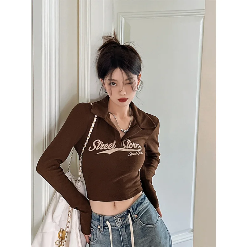

Preppy Style Slim T-shirt Women Letter Print Autumn Long Sleeve Short Chic Top Turndown Collar Vintage Clothes Y2k Tops