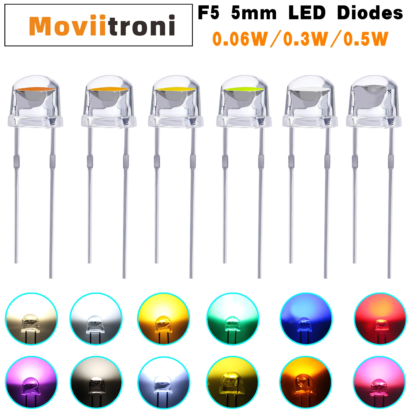 10pcs 5mm Hat LED Diode Super Bright Colorful 0.06W/0.3W/0.5W Power F5 ...