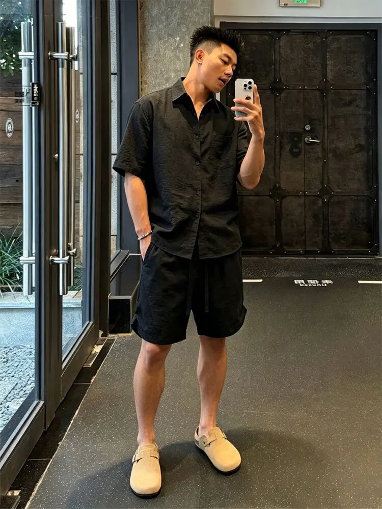 남성용 여름 운동복 리넨 반팔 셔츠와 반바지 세트 빠른 건조 통기성 캐주얼 투..