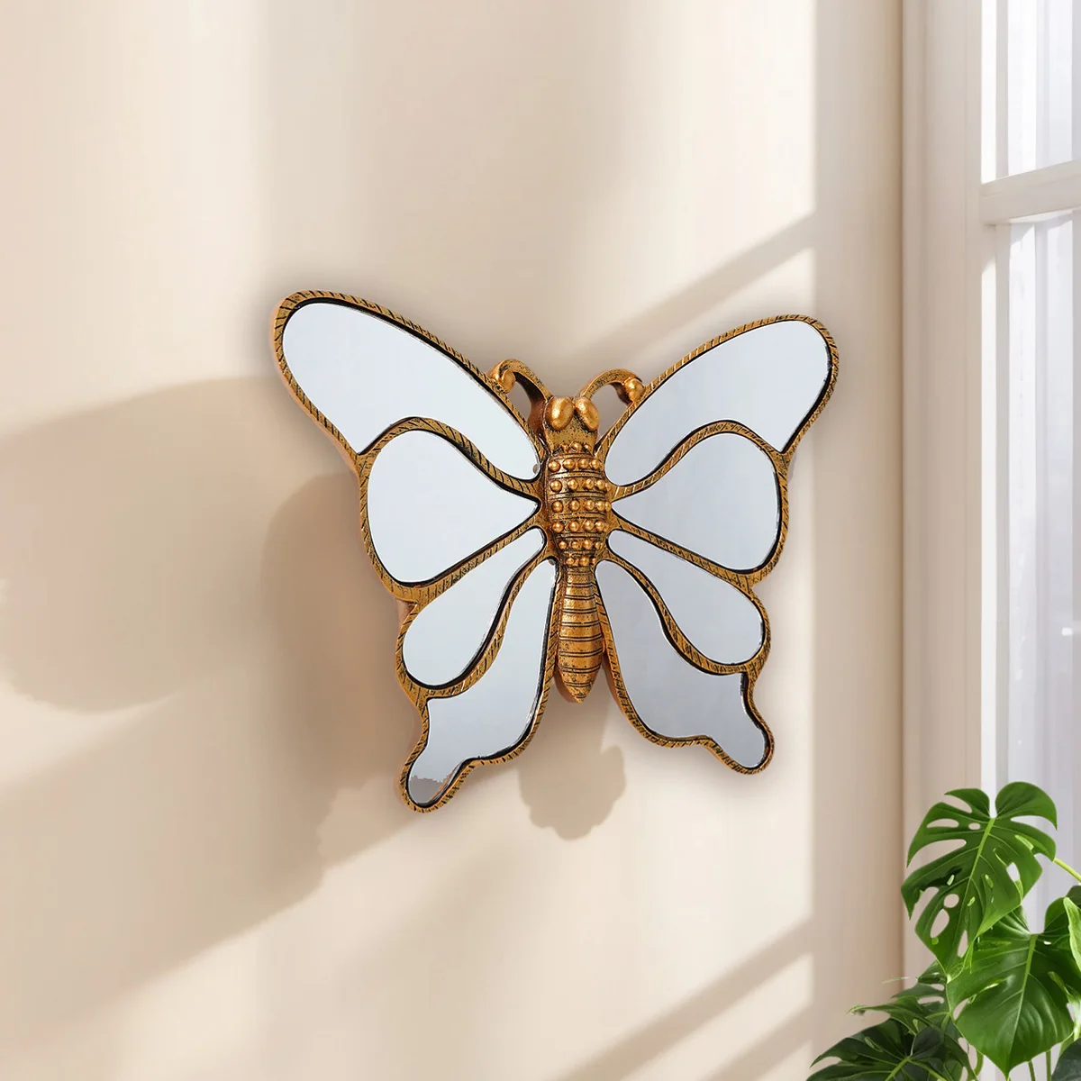 1PC,8.6* 12-inch retro distressed resin material eight-sided mirror, butterfly-shaped home decoration craft wall hanging