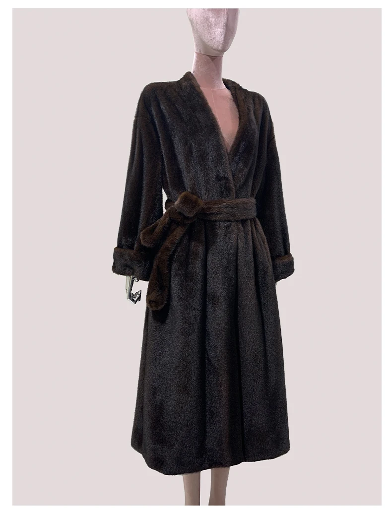 Mauroicardi Spring Winter Elegant Luxury Long Thick Warm Fluffy Soft Brown Faux Mink Fur Coat Women with Deep V Neck Sashes 2025