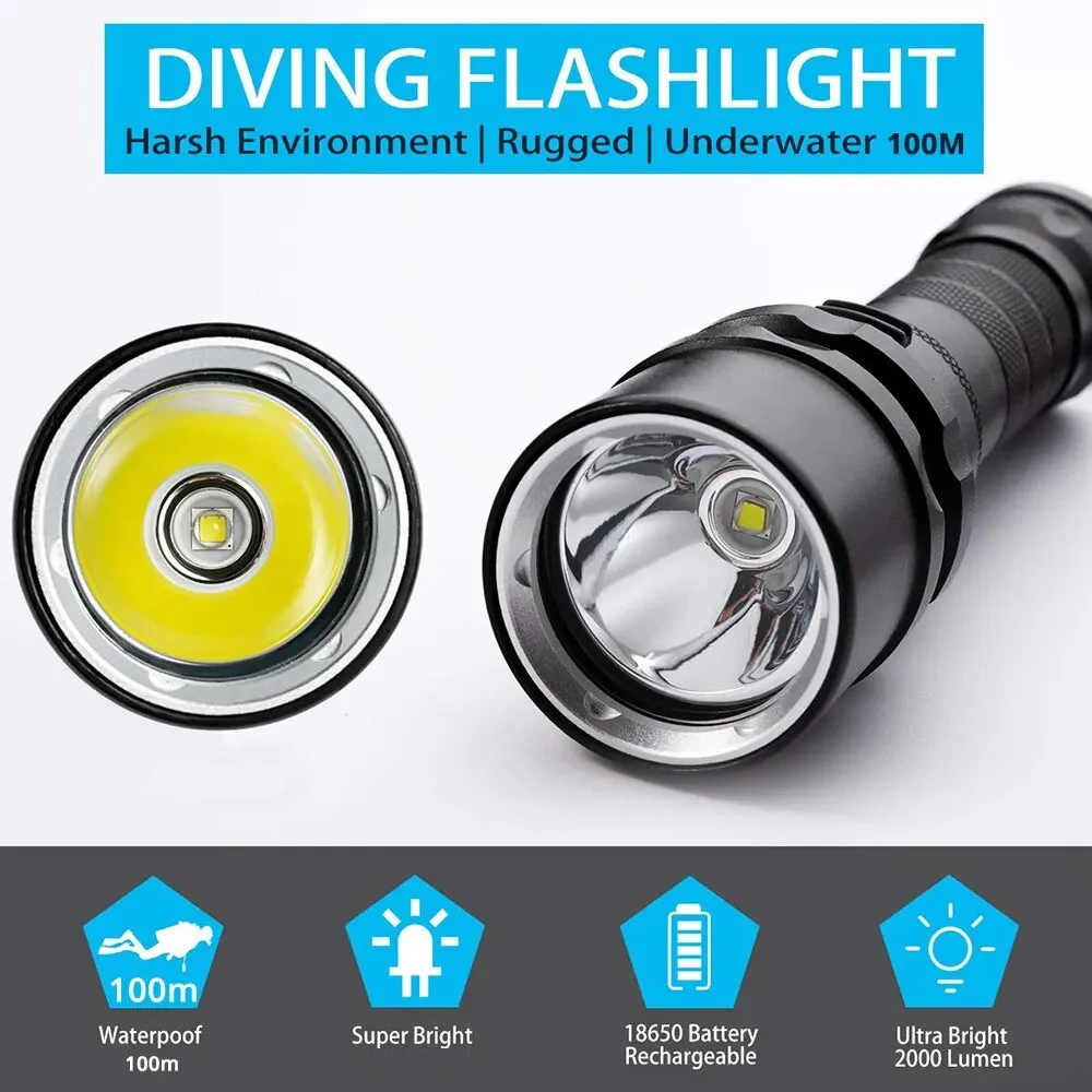 High power diving flashlight IP68 highest waterproof rating professional diving light powered by 18650 battery with hand rope