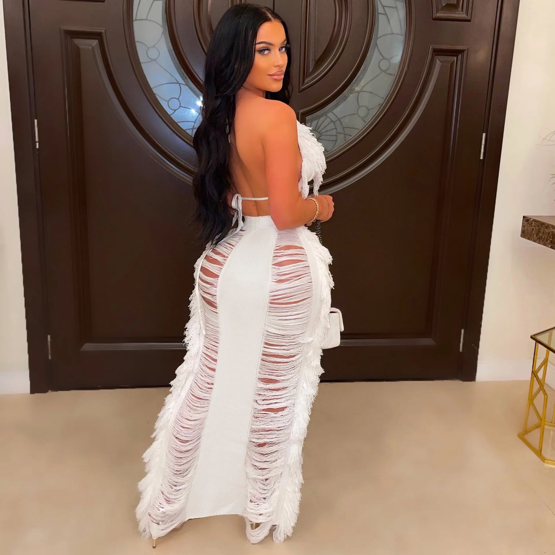 Women Beach Outfit Summer Fashion Knitted Tassel Halter Backless Bra And Skirts 2 Piece Set Swimwear Beachwear  Bikini Skirt Set