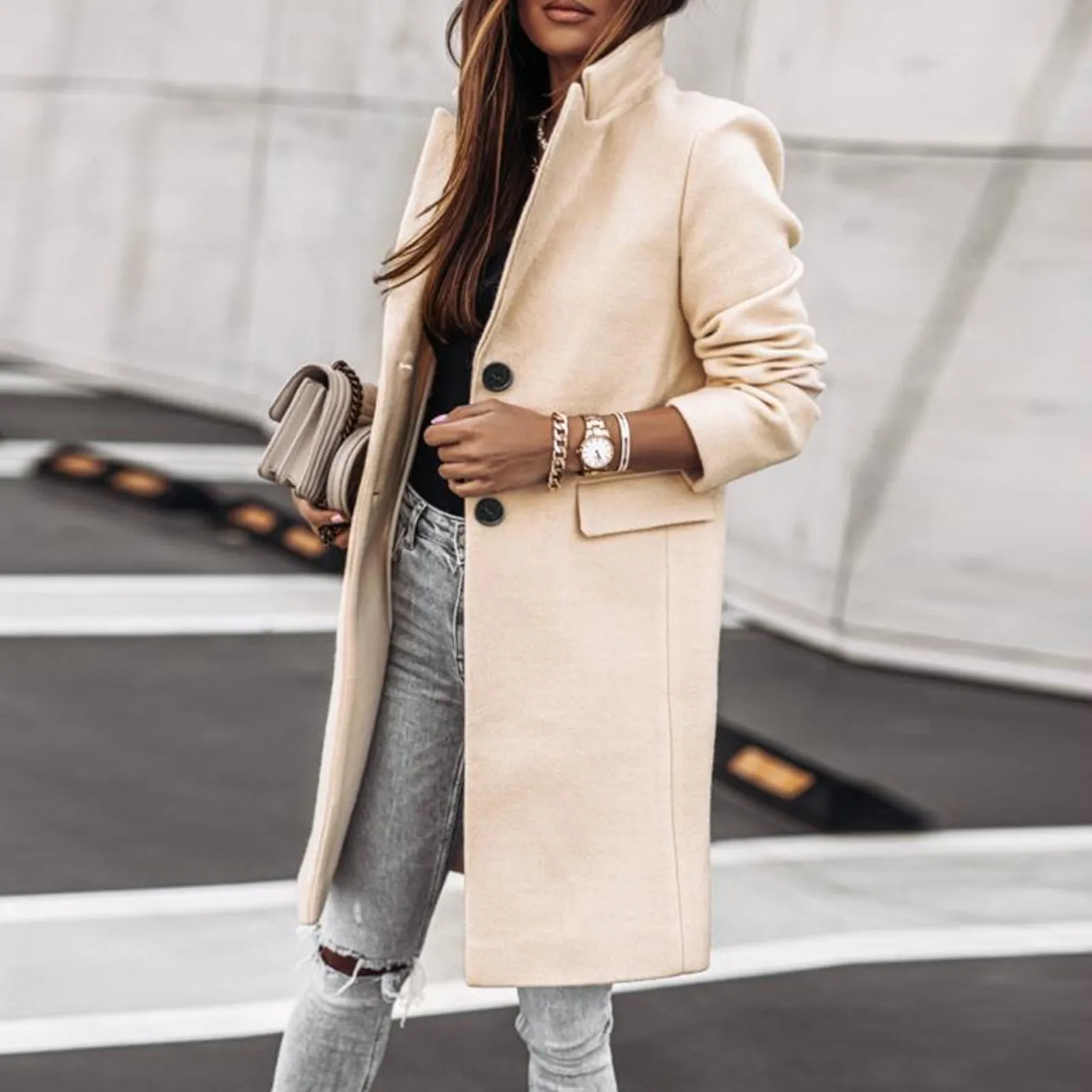 

Womens Winter Wool Coat Trench Jacket Ladies Warm Slim Long Overcoat Outwear Temperament Medium Long Loose Women'S Clothing