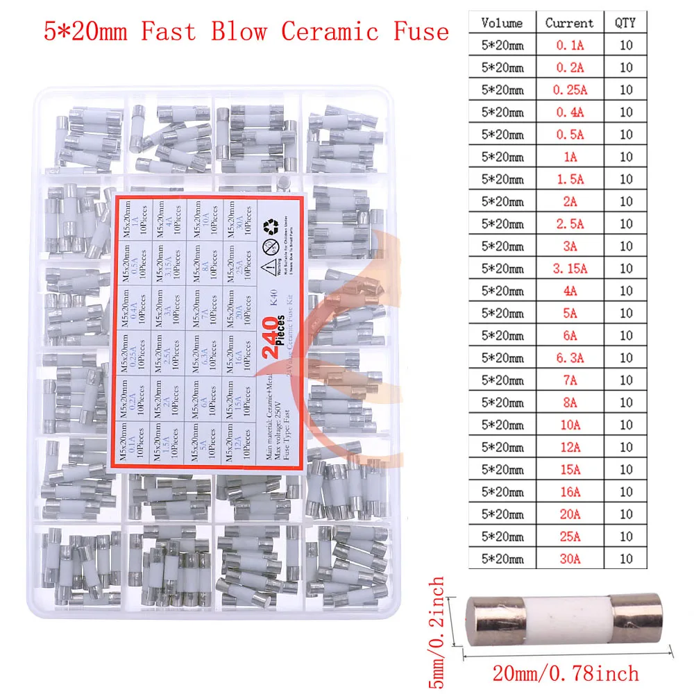12V-250V 납선 믹스 키트가 있는 느린 고속 유리 퓨즈 0.1A 0.25A 0.5A 1A 2A 2.5A 3A 3.15A 4A 5A 6A 6.3A 8A 10A 15A 16A 20A 30A