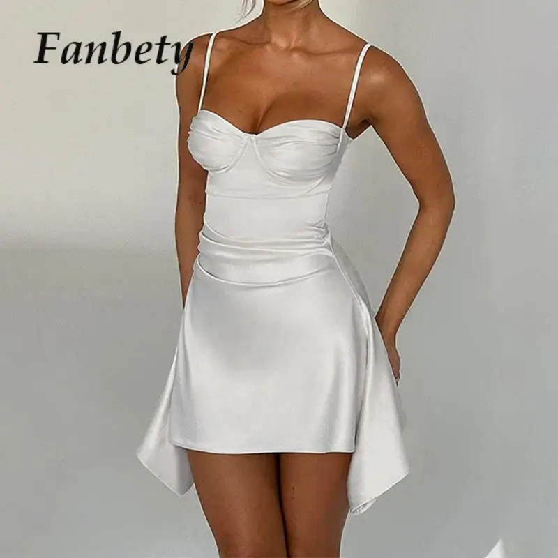 

New Fashion Sleeveless Suspenders Mini Dress Elegant 2024 Irregular Zip Backless A-line Dress Summer Solid Women Folds Dresses