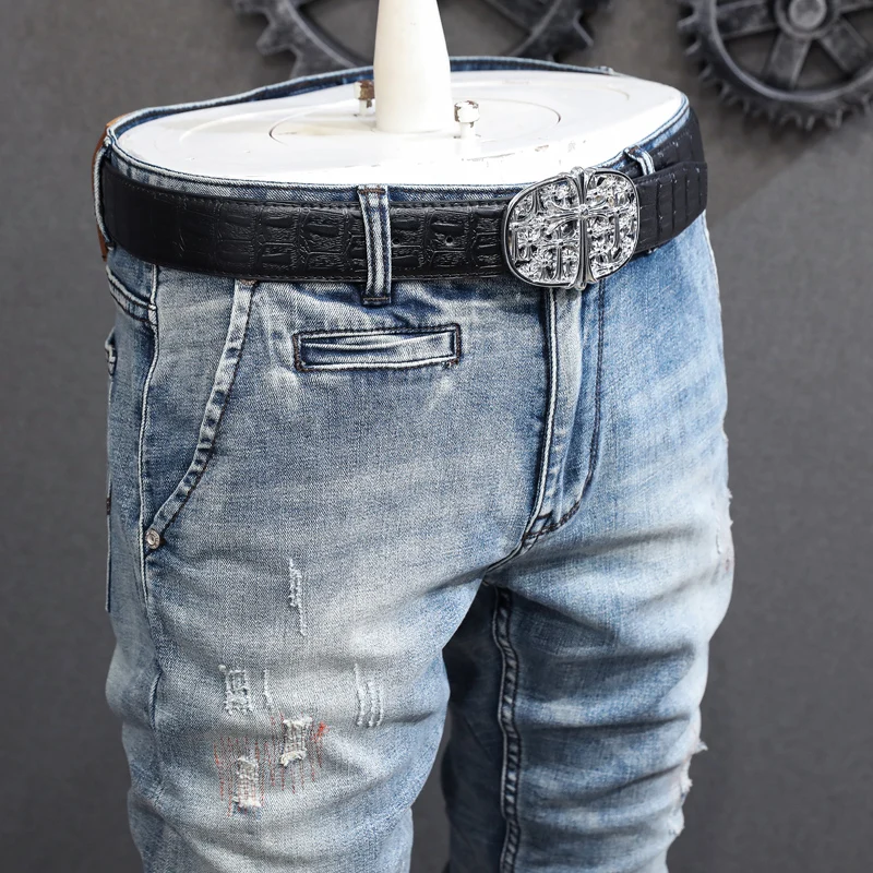 Fashion Designer Men Jeans High Quality Retro Light Blue Elastic Slim Ripped Jeans Men Embroidery Patched Vintage Pants Hombre