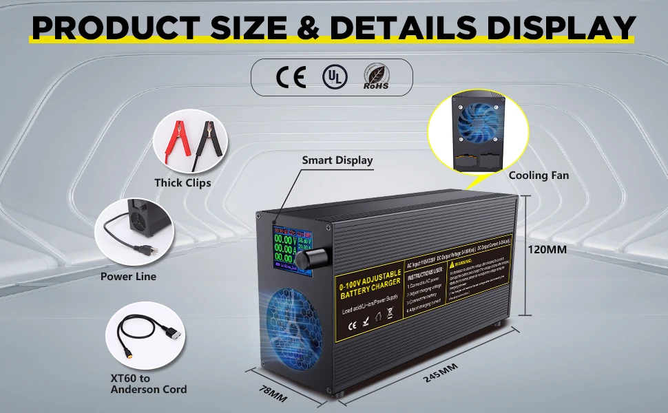 Adjustable 60V 40A and 100V 20A LiFePO4 battery charger showing the digital display screen