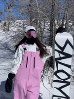 Unisex Ski Pants Overalls Pink Suspenders Trousers For Men Women Windproof Waterproof Warm Outdoor Snowboard Sports Clothing 6