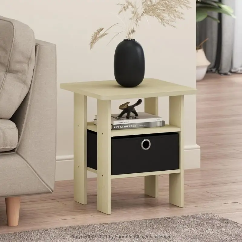 Furinno 3 Andrey End Table Nightstand with Bin Drawer, Steam Beech/Black