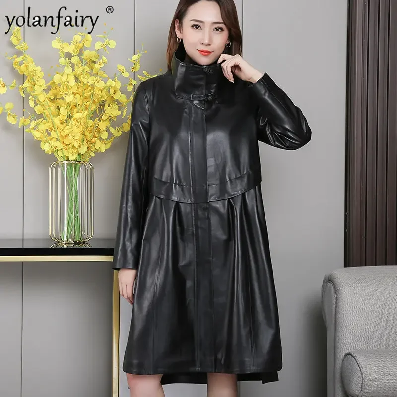 Genuine Leather Coat Women Trenchcoat Natural Sheepskin Jacket Female Extra Large Midium Loose Korean Stand Collar Outwear 8XL F