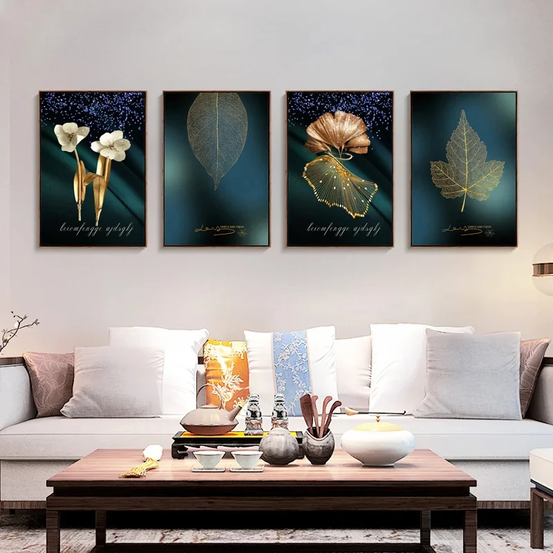 

Abstract Gold Foil Leaf Flower Plant Posters and Prints, Wall Art Canvas Painting, Nordic Wall Pictures for Living Room, Home De