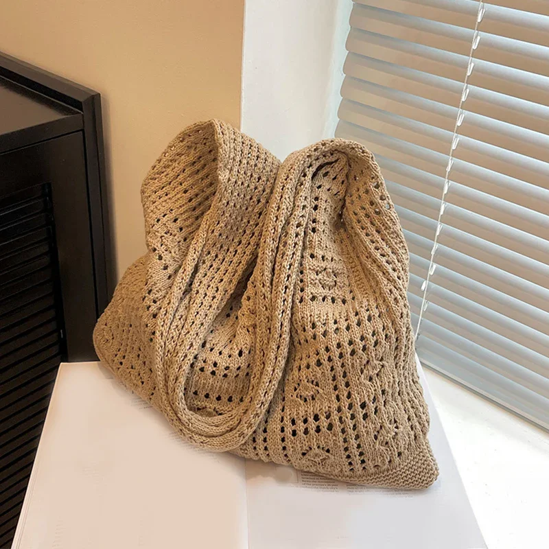 Hollow Out Tote Bag Shoping Bags Shoulder Bags Crochet Stripe Knitted Beach Bags Large Capacity Versatile Bags for Girl Women