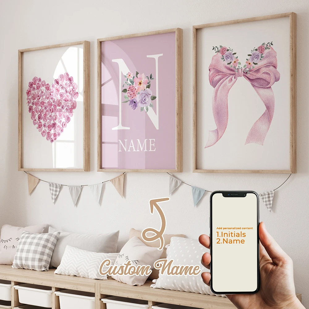 3pcs Personalized Custom Name Cartoon Child pink bow Wall Art Print Picture Canvas Poster Painting For Living Room Home Decor 3