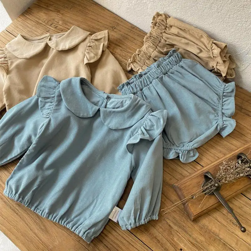 

2024 Spring New Baby Long Sleeve Casual Set Corduroy Infant Girl Lapel Tops + Triangle Shorts 2pcs Suit Toddler Outfits 0-24M