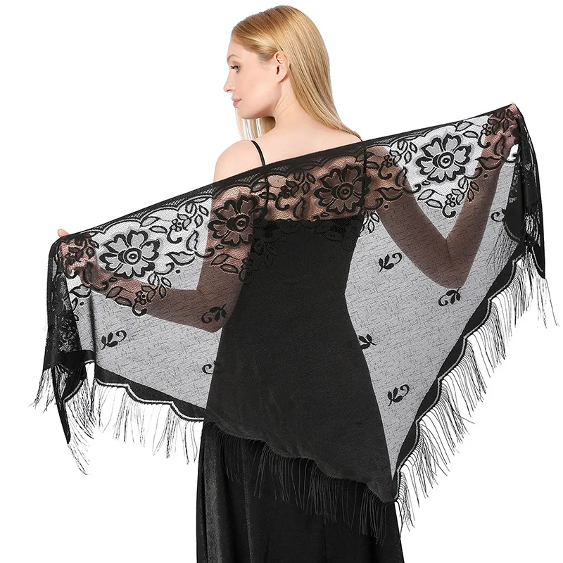 Chapel - Mantilla de encaje estilo español para mujer, chal corto,  triangular, bufanda tradicional católica, color negro, 31.5 x 22.8 in