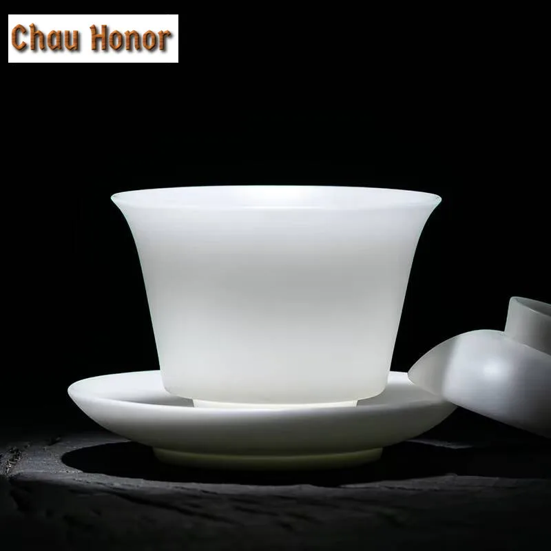 150ml High End Ice Jade White Porcelain Gaiwan Elegant Tea Lid Set Tea Tureen Household Tea Making Cover Bowl for Tea Decoration