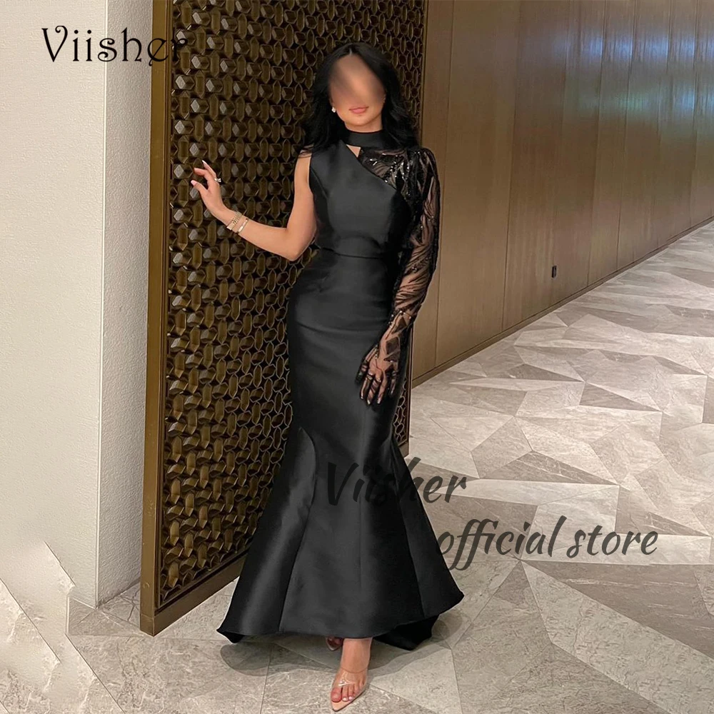 

Viisher Black Satin Mermaid Evening Prom Dresses One Sleeve Arabian Dubai Formal Dress Floor Length Celebrate Party Gowns