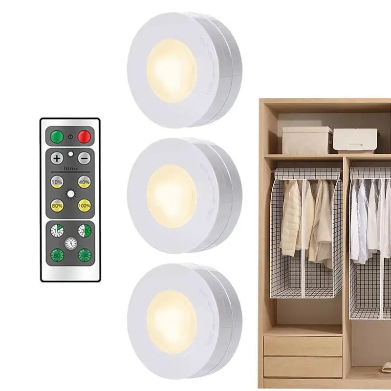 

Push Puck Lights Remote Control LED Under Counter Battery Operated Kitchen Lighting Touch Wireless Dimmable Closet Lights 3PCS