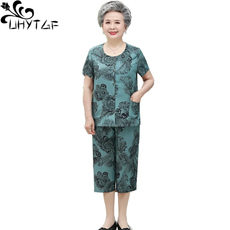 

UHYTGF Mom Summer Two Piece Set Short-Sleeved Print Cotton Thin Home Clothes Middle-Aged Elderly Women Suit Casual Tracksuit2437