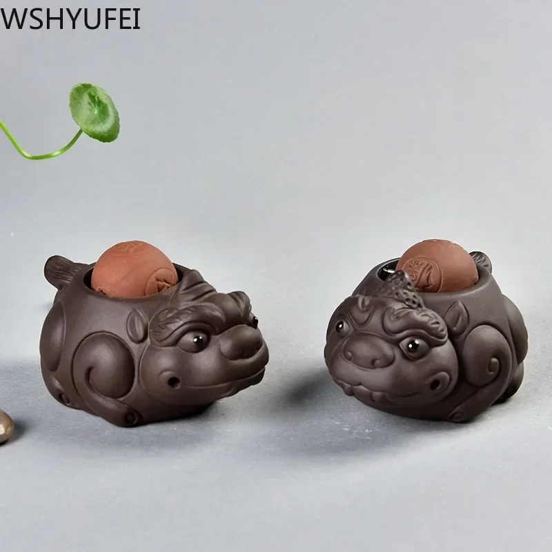 1 PCS 보라색 점토 차 애완 동물 장식품 두꺼비 차 인형 부티크 티 테이블 액세서리 조각 공예품 홈 인테리어