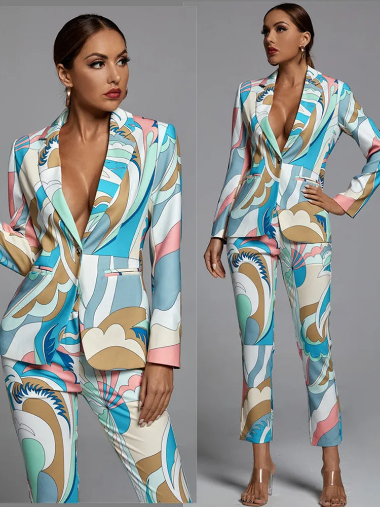 Luxury Designer 2 Piece Outfits For Women Long Sleeve Print Blazer And Pant Casual Elegant Suit Sets 2023 2023 new in matching sets round neck short sleeve bronzing top and trendy pants 2 piece sets men outfit mens designer clothes