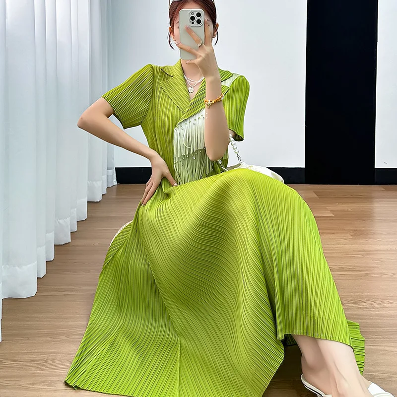 

Miyake Summer 2024 High-end French Short Sleeve High Waist Tassel Loose A-line Dress High Waist POLO Dresses for Women