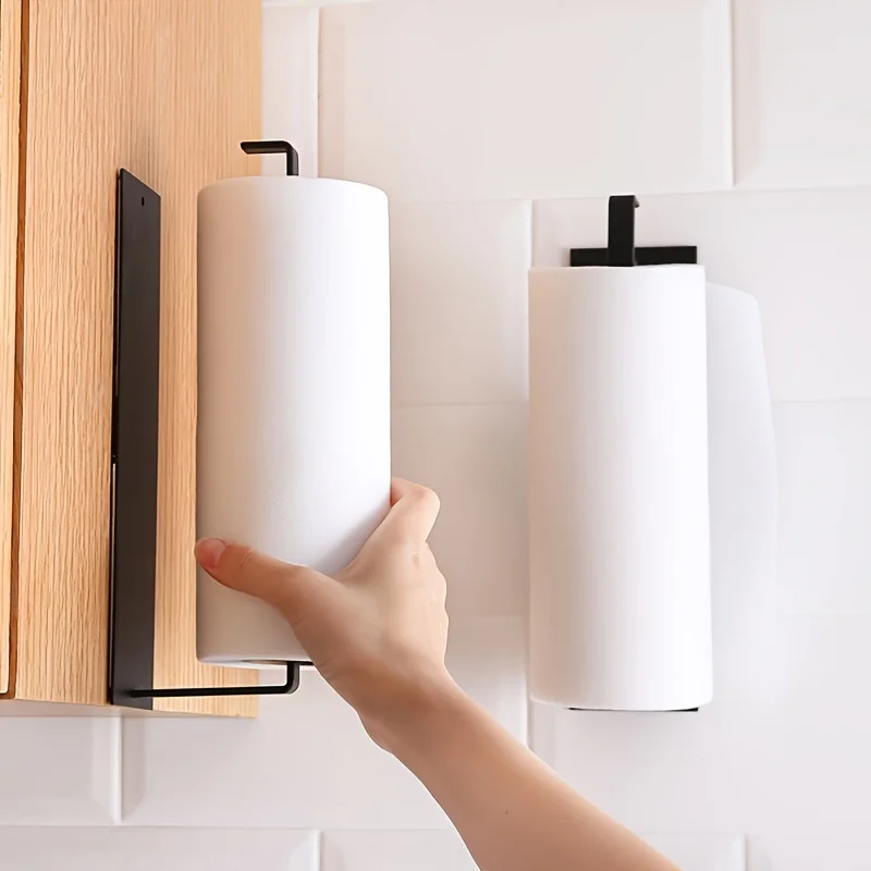Kitchen Carbon Steel Paper Towel Holder No Punch Cabinet Paper Shelf Household Roll Hanger Plastic Wrap Rag Storage Rack paper towel holder paper towel rack