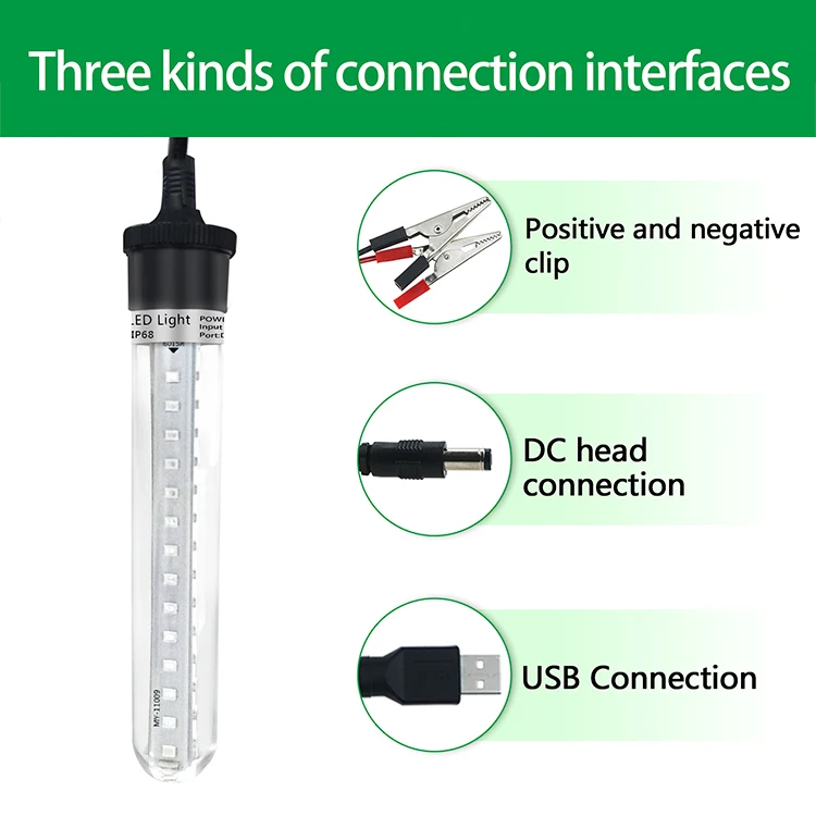 Fishing Light Underwater night fishing light 5V-12V 6.5W spearfishing light green IP68 boats waterproof 5M corded lamp for ice fishing