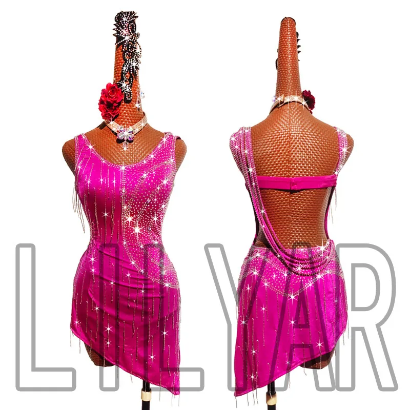 

Latin Dance Latin Dance Competition Performance Practice Custom Ladies Rose Short Flash Diamond Dance Dress