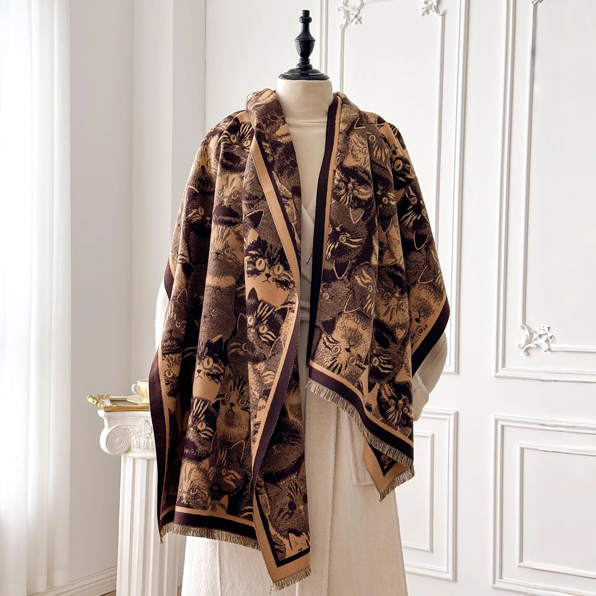 Women's Winter Fashion Warm Cat-Patterned Faux Cashmere Poncho - Thick Pashmina Shawl Wrap