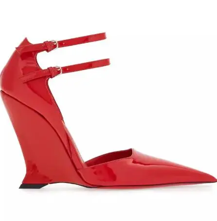 

Туфли Carpaton женские на танкетке из лакированной кожи, пикантные красные туфли с острым носком и ремешком на щиколотке, высокий каблук, черные, весна 2024