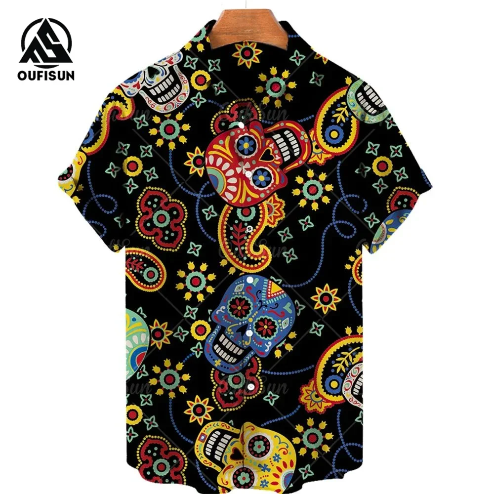 Summer Fashion Men's Short Sleeve Casual Printed Shirt Flowers Horror Skull Print Vacation Travel Oversized Top Size S-5XL 5