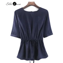 

French Heavy Textured Jacquard Satin Mulberry Silk Top Women's Summer Silk Short Sleeve Back Cardigan Doll Shirt Drawstring