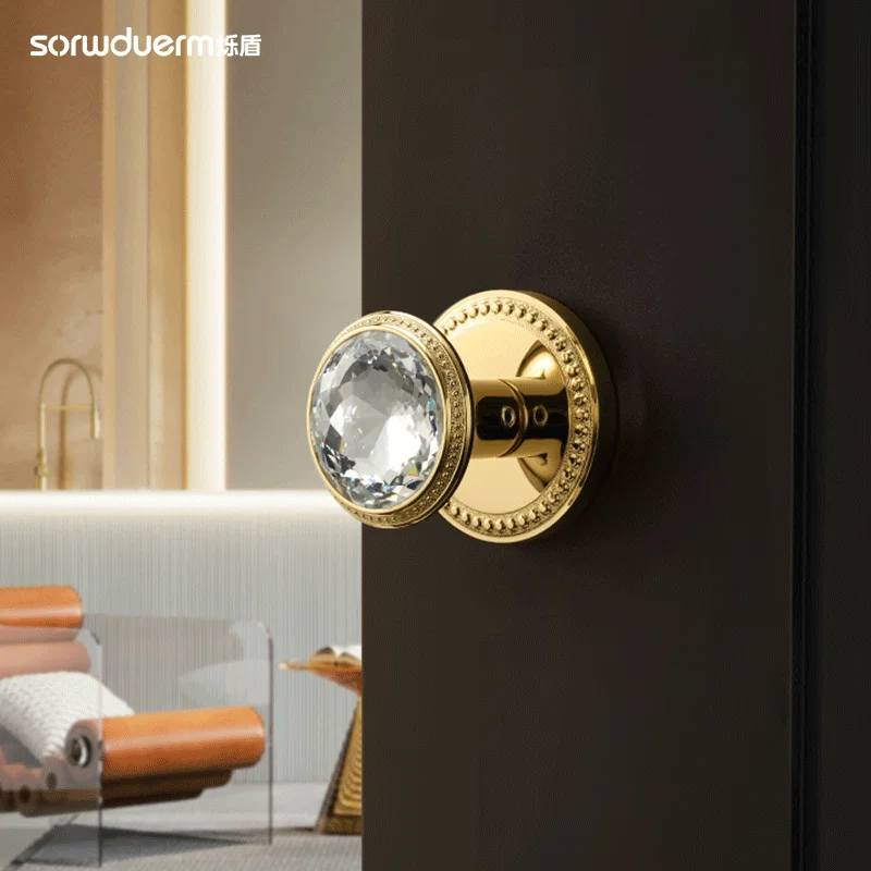French spherical door lock, aluminum alloy rotating channel lock, keyless gold crystal handle, bedroom and living room