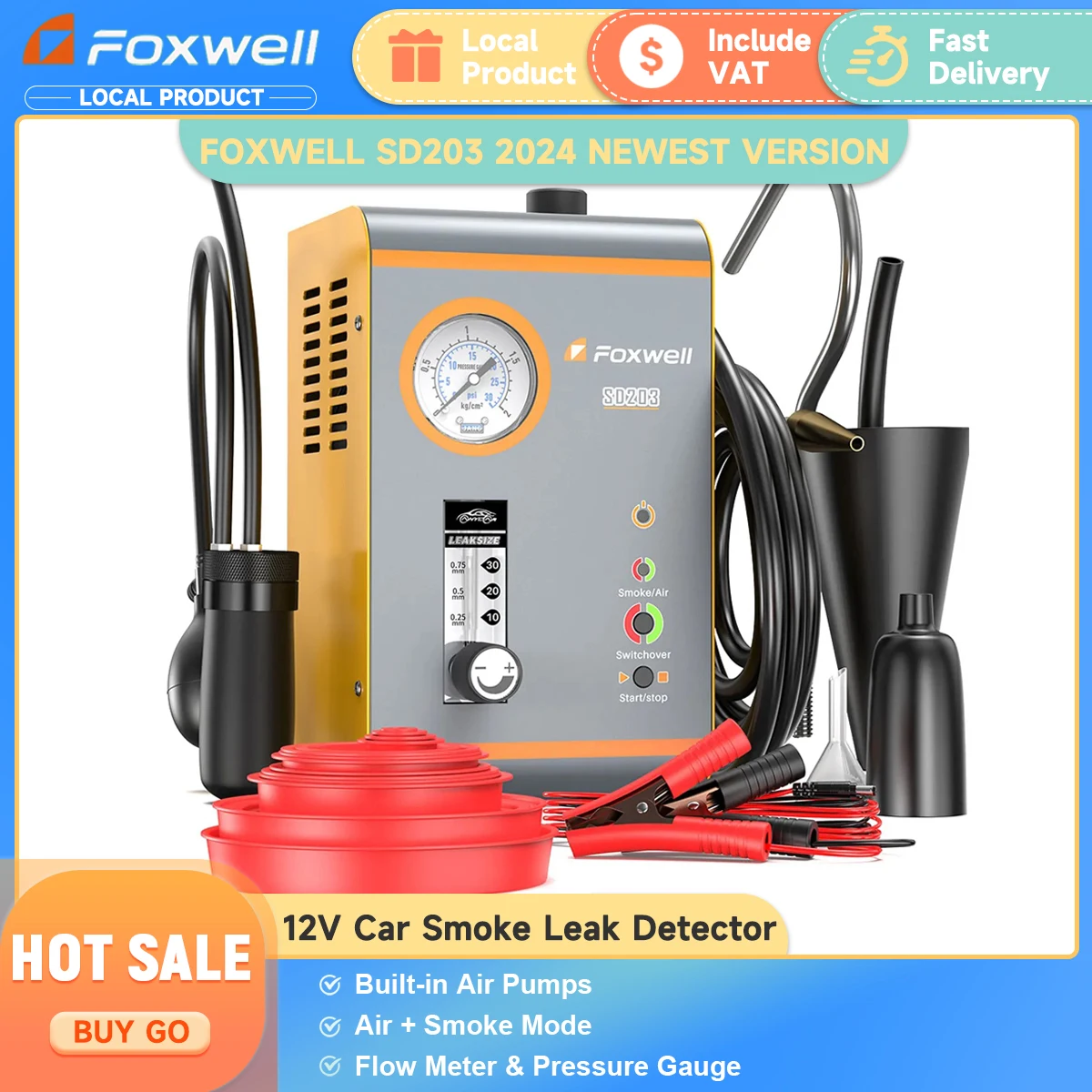 FOXWELL-Détecteur de fuite de fumée de voiture, SD203, pompe à air intégrée, détecteur de fuite sous vide EVI-Vacuum, mode touristes, diagnostic de fuite de tuyau d'huile