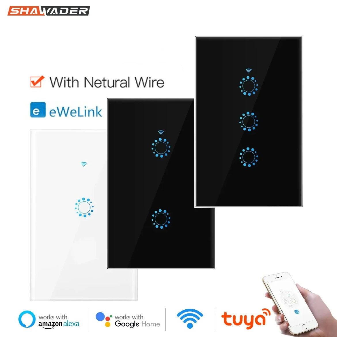 Xawader wi fi Interruptor de Parede Luz Inteligente Tuya Ewelink Interruptor Retângulo Painel Vidro Toque Controle Remoto por Alexa Casa do Google
