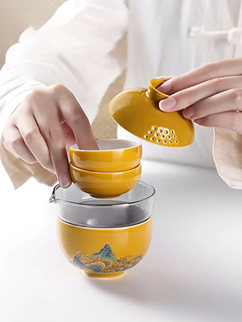 Portable Travel Teapot Set with 3 Cups 1 Pot, Ceramic Porcelain Chinese Tea Set, Gaiwan Ceremony Set, Household Gifts