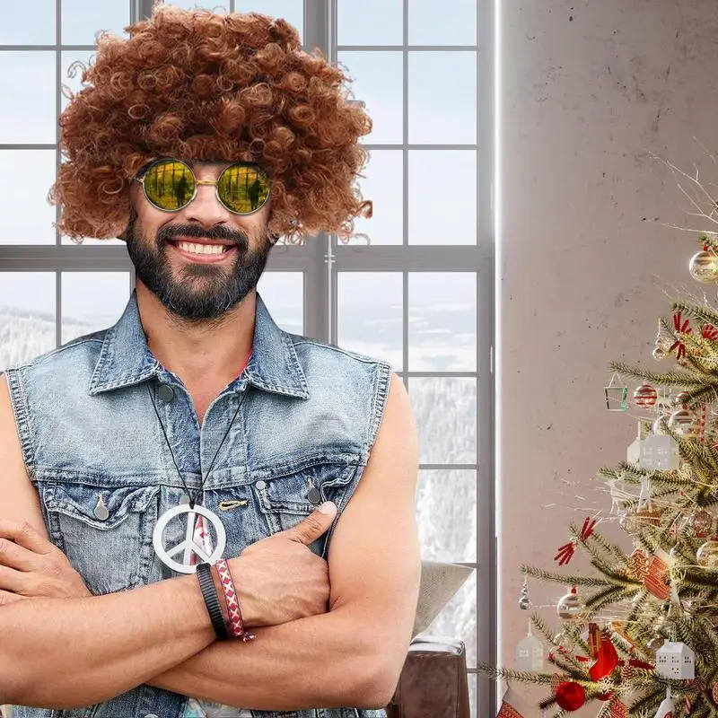 Disco Wig Set Hippie Hair Accessories for Men Includes Afro Wig Sunglasses Disco Necklace 50s/60s/70s Themed Party Supplies synthetic wigs