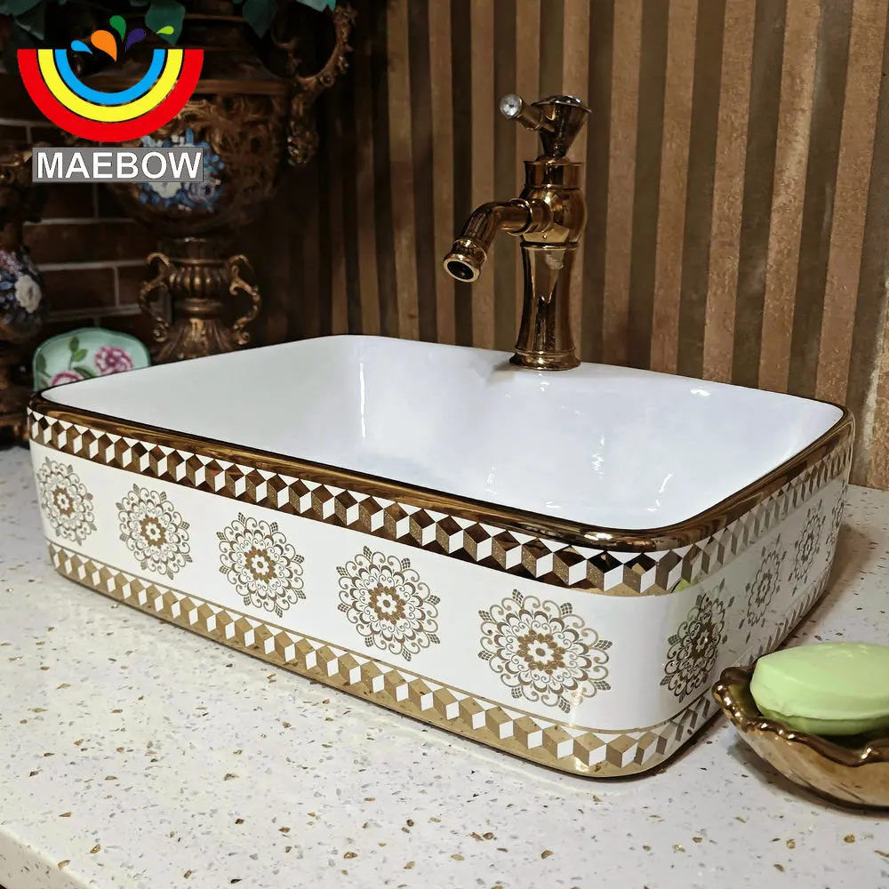 MAEBOW สี่เหลี่ยมผืนผ้า Golden Countertop เซรามิคห้องน้ําอ่างล้างจานตกแต่งบ้าน Art อ่างล้างหน้าโรงแรม 5 ดาวศิลปะอ่างล้างหน้า 1