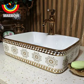 MAEBOW สี่เหลี่ยมผืนผ้า Golden Countertop เซรามิคห้องน้ําอ่างล้างจานตกแต่งบ้าน Art อ่างล้างหน้าโรงแรม 5 ดาวศิลปะอ่างล้างหน้า 1