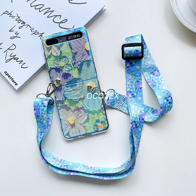 Oil Painting Flower Crossbody Lanyard Strap Case with Blu-ray Hard Armor Cover
