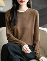 Haut femmes col rond mince T-Shirt tricot nouveau pull été printemps mode basique à manches longues laine faux deux pièces doux femme vêtements 5