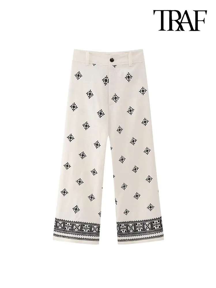 TRAF سراويل مستقيمة عصرية مطرزة من الكتان للنساء بنطلون كاحل عتيق بخصر عالٍ وسحّاب للنساء 5 TRAF سراويل مستقيمة عصرية مطرزة من الكتان للنساء بنطلون كاحل عتيق بخصر عالٍ وسحّاب للنساء 5