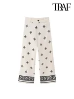 TRAF سراويل مستقيمة عصرية مطرزة من الكتان للنساء بنطلون كاحل عتيق بخصر عالٍ وسحّاب للنساء 1