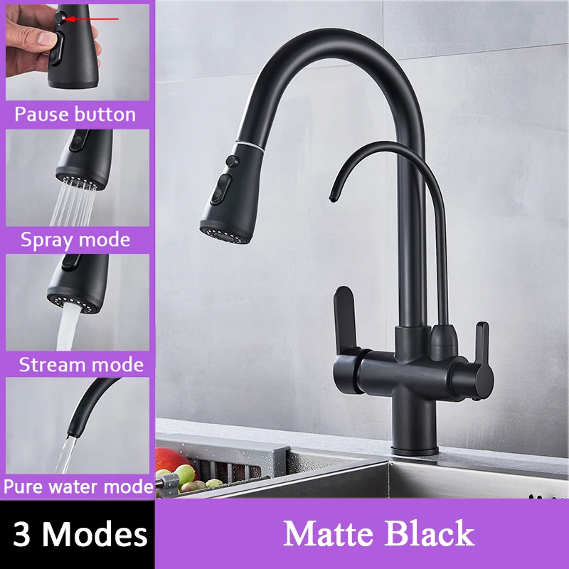 Kitchen Sink Faucet with Pull Down Sprayer 2 Handle 3 in 1 Water Filter Purifier Faucets 360 Degree Rotation Hot Cold Water Deck