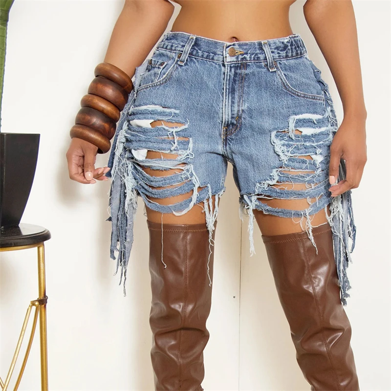 

Holes Tassel Jeans Shorts Women Summer Button Fly High Waist Hollow Out Side Fringed Casual Denim Trousers Street Pants