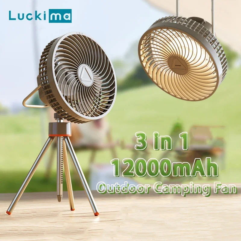 Outdoor Camping Fan com Luz Noturna Power Bank Portátil Multifuncional Usb Recarregável Tripé Ventilador de Teto 12000mah Novo