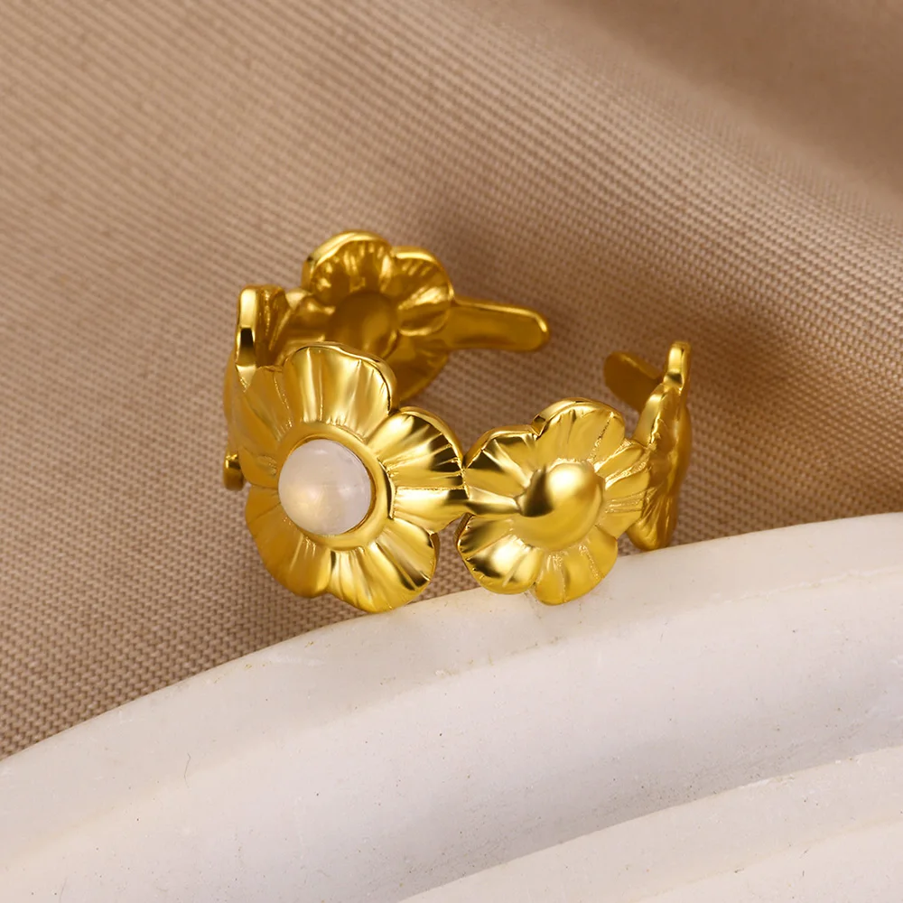 Green Zircon Flower Stainless Steel Rings for Women