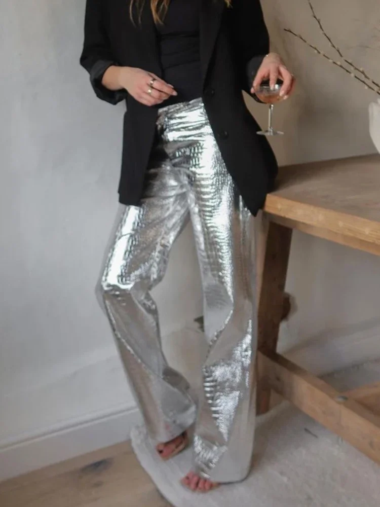 TARUXY Silver PU Pants Women 2023 Autumn Winter High Waist Loose Straight Trousers Women's Party Fashion Y2k Girl Pants Trousers